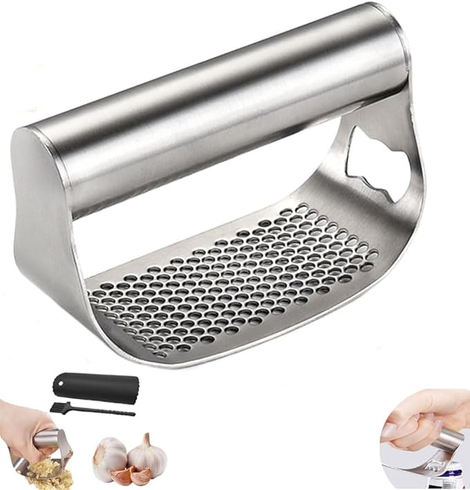 Garlic Presses,Stainless Steel Garlic Presser, Garlic Press Rocker Heavy Duty Stainless Steel Garlic Mincer, Garlic Chopper with Peeler And Cleaning Brush for Smash Garlic Kitchen Tools(1Set)