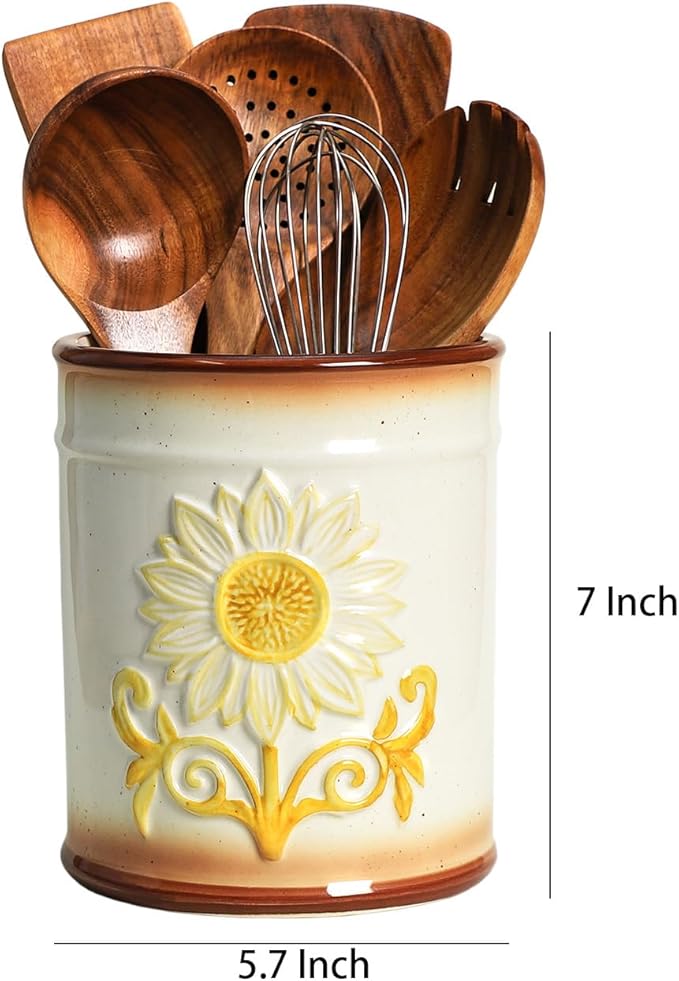 Retro Ceramic Sunflower Embossed Pattern Kitchen Utensil Holder, Large Cooking Utensil Crocks for Kitchen Countertop, Sunflower Utensil Organizer