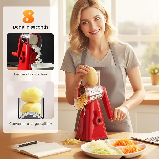 5 In 1 Food Chopper, 2026 New Rotary Cheese Grater - 3 Interchangeable Blades Manual Speed Round Food Slicer, Nut Grinder with Strong Suction Base (White)