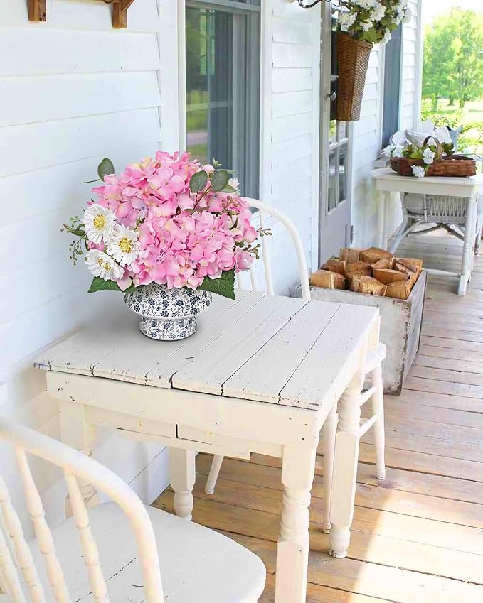 Briful Centerpiece for Dining Table with Faux Hydrangea, Artificial Pink Hydrangea Arrangement in Blue & White Vase, Dining Table Decor Farmhouse Coffee Table Decor, Fake Flowers in Vase Home Decor