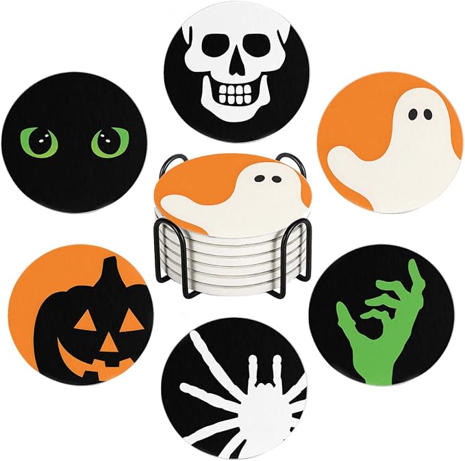 Drink Coasters for Drinks Set of 6, Green Black Orange Halloween Absorbent Round Ceramic Stone Mat Coaster, with Cork Base and Metal Holder, Home Bar Decor House Warming Gift