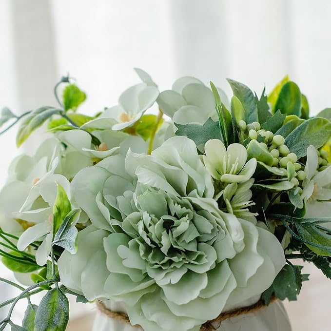 TKAS Fake Flowers Arrangement in Ceramic Vase, Artificial Faux Silk Roses & Hydrangea, Small Realistic Dried-Style Floral Dining Table Centerpiece for Wedding Party Home Decoration (Green)