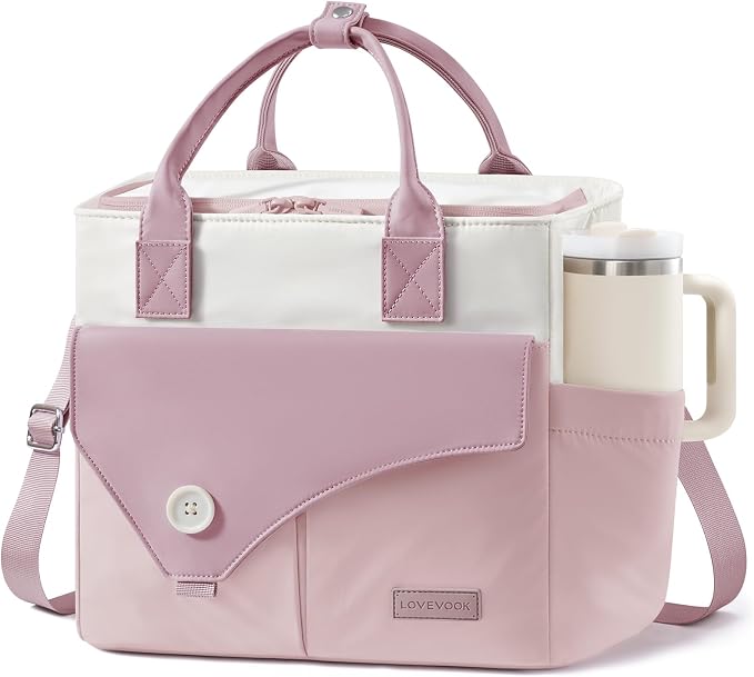 LOVEVOOK Insulated Lunch Bag for Women, Wide Opening Leakproof Cooler Bag with Cup Holder and Shoulder Strap, Adult Large Pink Lunch Box for Work Picnic
