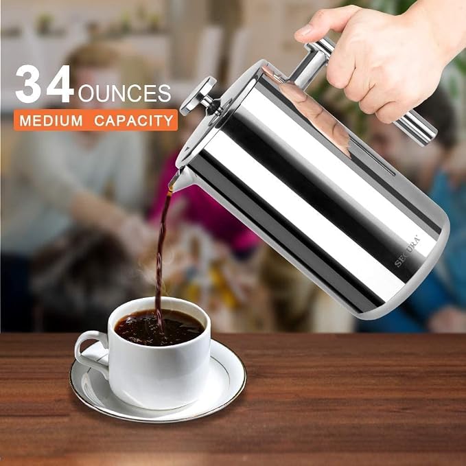 Secura French Press Coffee Maker, 304 Grade Stainless Steel Insulated Coffee Press with 2 Extra Screens, 34oz (1 Litre), Silver (Pack of 3)
