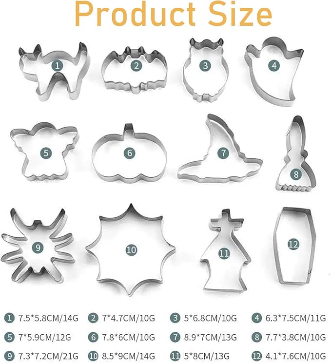 12 Pcs Halloween Cookie Cutters Set, Cat, Bat, Owl, Ghost, Pumpkin, Witch hat, Broom, Spider, Spider Web, Coffin, Tombstone Shape, Stainless Steel Metal Biscuit Molds for Baking or Party Decorations