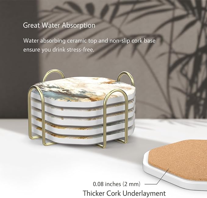 UMIRRO Ceramic Stone Coasters for Drinks Absorbent with Holder for Wooden Coffee Table Decor, Stoneware Cup Coasters for Iced Cold or Hot Drinks, Rustic Retro Boho Style, Gold, 4" Set of 6