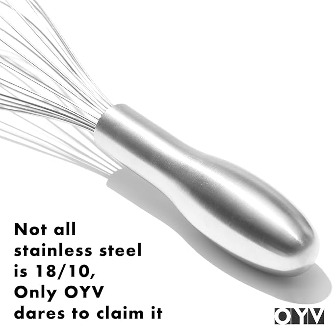 OYV 8" Whisk, Ergonomic Handle, Dishwasher Safe 18/10 Stainless Steel Whisk, Professional Kitchen Metal Wisk, Perfect for Whisking, Blending, Beating, and Baking