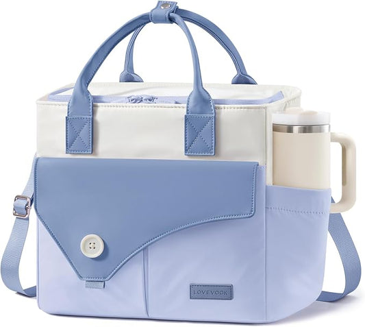 LOVEVOOK Insulated Lunch Bag for Women, Wide Opening Leakproof Cooler Tote with Cup Holder and Shoulder Strap, Adult Large Lunch Box for Work Picnic,Blue