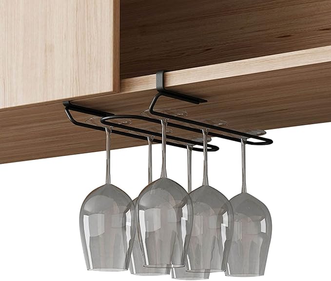 V3VOGUE Stainless Steel Under Shelf Wine Glass Holder, Under Cabinet Stemware Glasses Storage Hanger, Punch-Free Hanging Stemware Holder, Wire Hanging Rack (Single Row, Double Row)