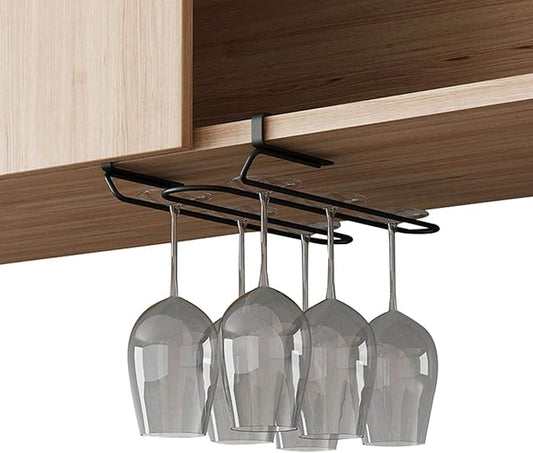 V3VOGUE Stainless Steel Under Shelf Wine Glass Holder, Under Cabinet Stemware Glasses Storage Hanger, Punch-Free Hanging Stemware Holder, Wire Hanging Rack (Single Row, Double Row)