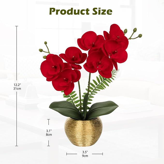 Briful Orchid Fake Flowers 13'' Red Silk Orchid Artificial Flowers with Gold Pot Small Faux Orchid Arrangement for Home Office Dining Room Table Centerpiece Shelf Decor