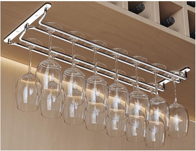 CAKERS Under Cabinet Hanging Stemware Display Rack|304 Stainless Steel Wine Glass Holder|Wine Glass Storage Organizer Hanger,2 Rows,60cm(23.6in)