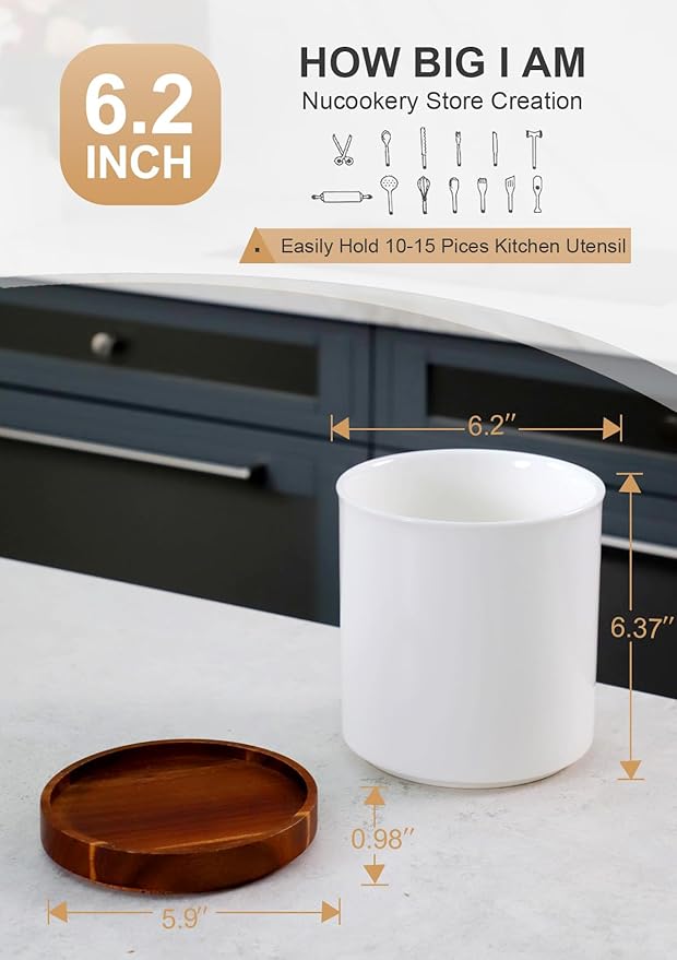 Nucookery 360° Rotating Utensil Holder, 7.2" Large Utensil Crock, White Ceramic Cooking Utensil Organizer with Countertop-Protection Cork Bottom for Farmhouse Kitchen Decor Christmas Gift (White)