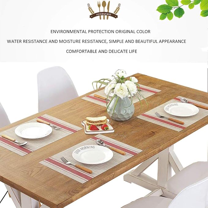 Table Mats Set of 6 Crossweave Woven Vinyl Placemats Heat Resistant Non-Slip Kitchen Placemats for Dining Table Washable Easy to Clean(Red)