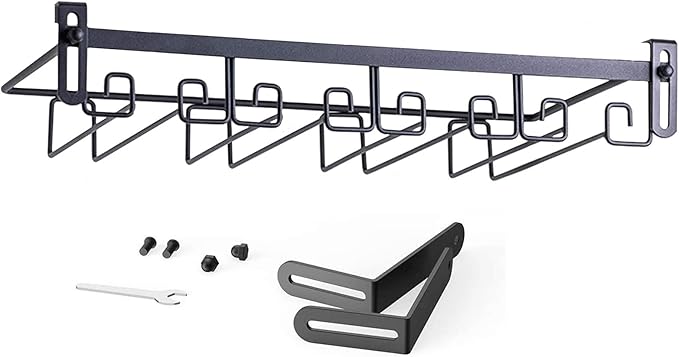 Hanging Wine Glass Rack Black Adjustable, Solid Iron Wine Glasses Hanger, Metal Under Cabinet Stemware Rack 3 Rows, 4 Rows, Convenient Storage And Space-saving
