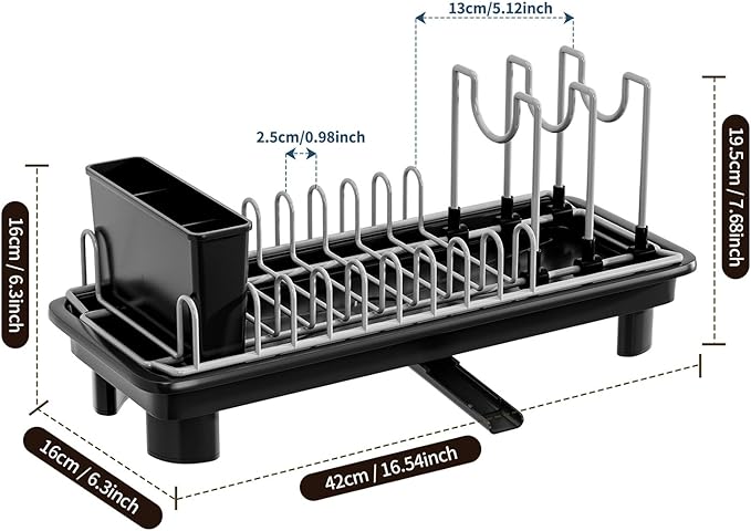 Compact Dish Drying Rack with Utensil Holder – Small Countertop Dish Drainer with 360° Rotating Drain Spout, Stainless Steel Dish Rack for Kitchen Sink, Space-Saving Design for Small Kitchen