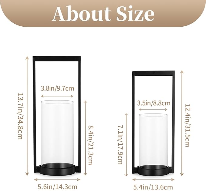 Sziqiqi Hurricane Candle Holder for Pillar: Black Modern Candle Holders for Table Centerpiece - Geometric Candle Stand Set of 2 with Glass for Living Room Fireplace Christmas Decor