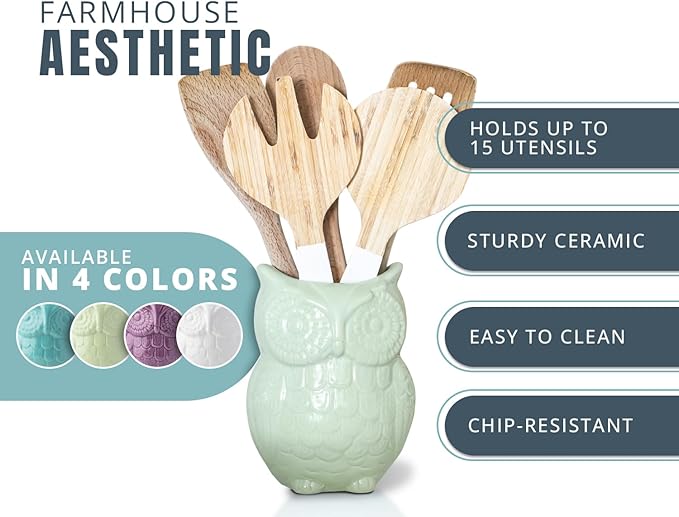 Comfify Owl Utensil Holder Decorative Ceramic Cookware Crock & Organizer, in Lovely Green Color - Utensil Caddy and Perfect Kitchen Ceramic Decor Gift - 5” x 7” x 4” Size