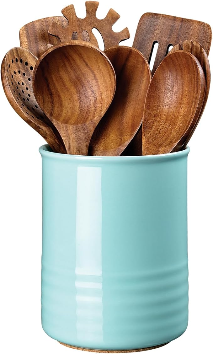 ABRUTY Utensil Holder, 6.7" Ceramic Kitchen Utensil Crock for Countertop Cooking, Modern Utensil Caddy Jar Organizer for Farmhouse Kitchen Counter Décor, Turquoise