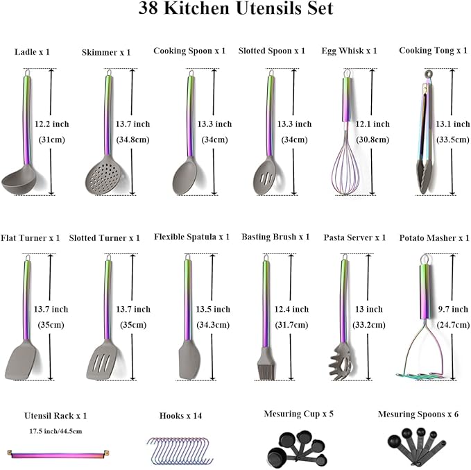 38 Piece Silicone kitchen Cooking Utensils Set with Utensil Rack, Silicone Head and Stainless Steel Handle Cookware, Kitchen Tools, Non-Stick kitchen Gadgets, Dishwasher Safe (Rainbow)