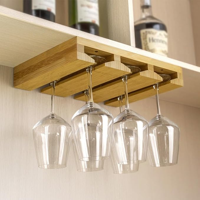 4 Sectional Under Cabinet Wood Wine Glass Rack，Hanging Shelf Stemware Rack Bar Organizer with Up to 1 Row 2 Wine Glass Storage(3 Rows)