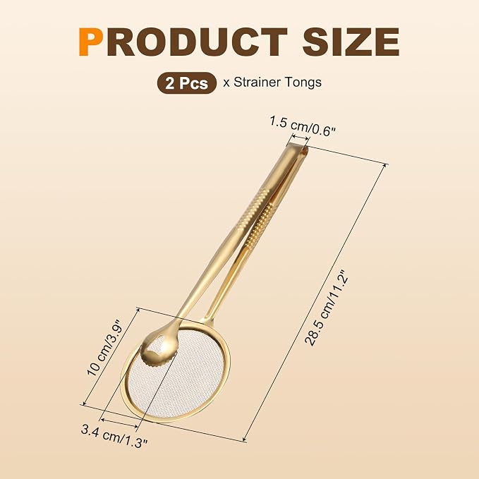 uxcell 2Pcs Stainless Steel Strainer Tongs, 11.2" Multi-Functional Food Strainer with Clip Fine Mesh Oil Filter Skimmer Hot Pot Clips for Kitchen Tool Restaurant Frying Cooking, Gold