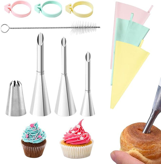 11 Pcs Piping Bags and Tips Set, 4 Stainless Steel Cake Decorating Icing Tips Nozzles, 3 Reusable Silicone Pastry Bags, 3 Frosting Bags Ties and 1Pipe Brush (B)