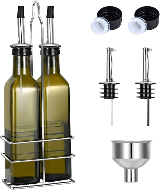 Glass Olive Oil Bottle - 250ml Second Generation Brown Oil & Vinegar Cruet with Pourers and Funnel - Olive Oil Carafe Decanter for Kitchen - (8.5 Oz Ounce)