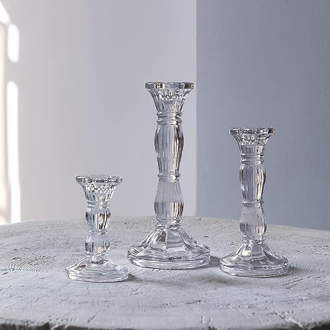 3 Pack Glass Candle Stick Holders - Clear Crystal Taper Candles Holder– for Buring Candles, Led Taper Candle,Party and Wedding Centerpieces, Table Decoration