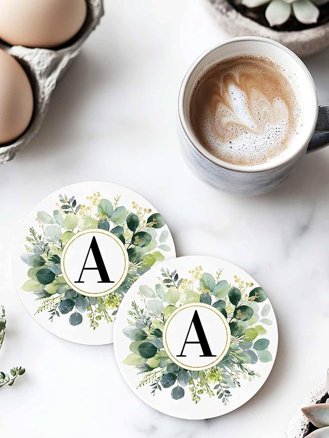 Coasters Set of 4 Letter A Drink Coasters with Holder Absorbent Stone Ceramic Cup Mat Alphabet Green Eucalyptus Leaves Coaster for Drinks Coffee Bar Office Kitchen Cafe Home Decor