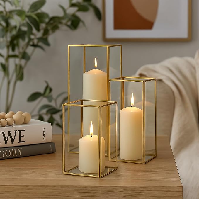 Koyal Wholesale Gold Geometric Candle Holders Set of 3, Glass Terrarium Centerpieces for Wedding Table Decor, Home Decor, and Events — Modern Gold and Glass Lanterns for Candles, Flowers, or Plants