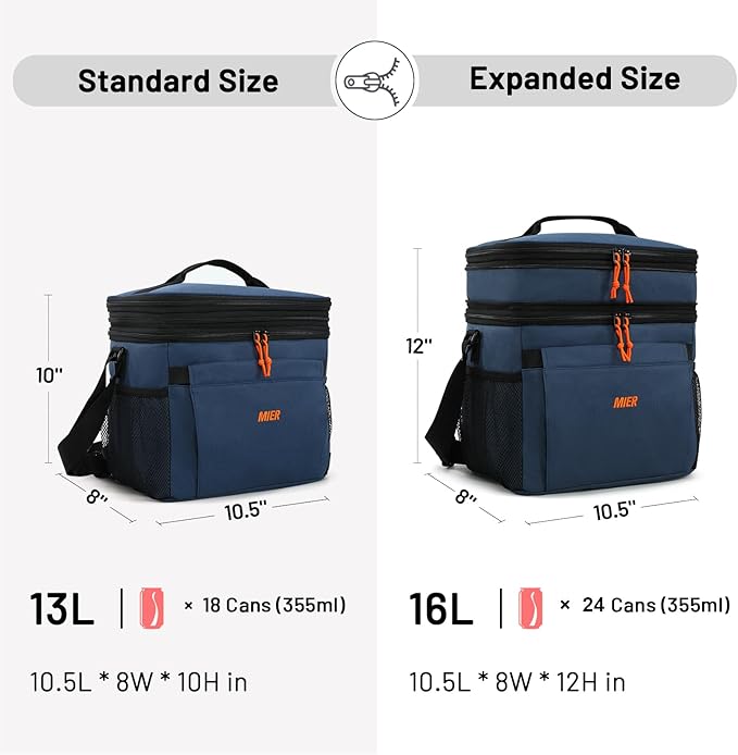 MIER Lunch Box for Men Expandable Insulated Dual Compartment Lunch Bag Leakproof Cooler Bag with Front and Back Pockets for Adult Work Travel Picnic Beach, Blue