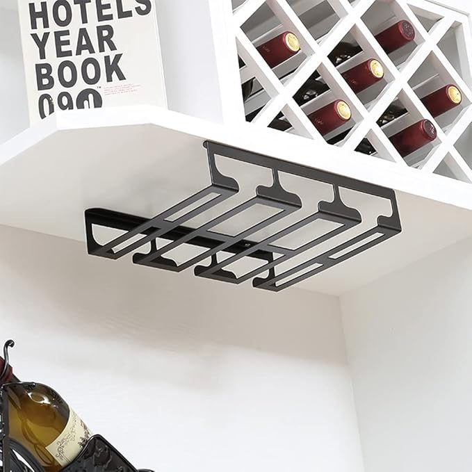 Under Cabinet Stemware, Hanging Wine Glass Holder with Screws, Glasses Storage Hanger Iron Organizer for Home Kitchen Bar