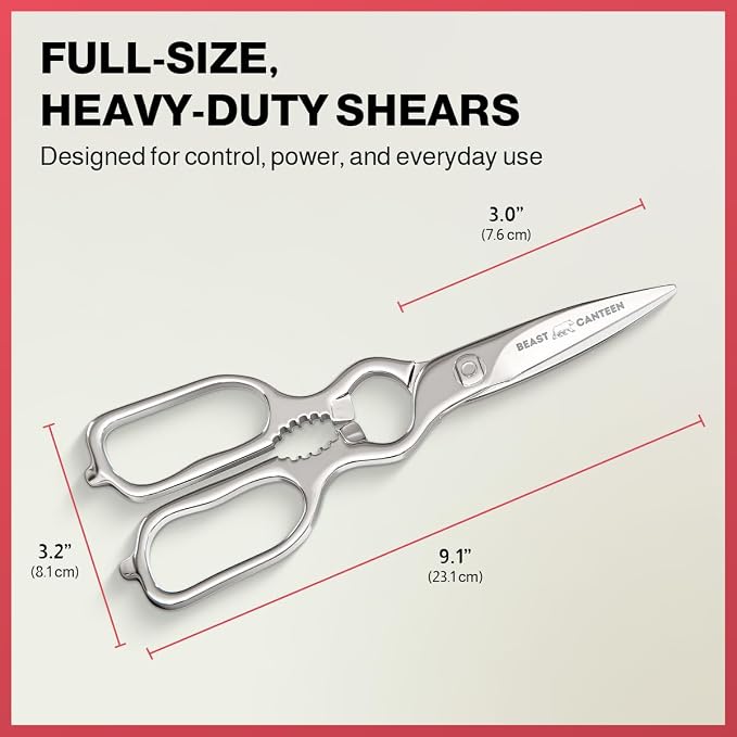 Heavy Duty Kitchen Scissors for Food — All Purpose Cooking Scissors, All Stainless Steel, No Plastic, Come-Apart Blades for Easy Cleaning, Dishwasher Safe, 5-in-1 Multi-Tool