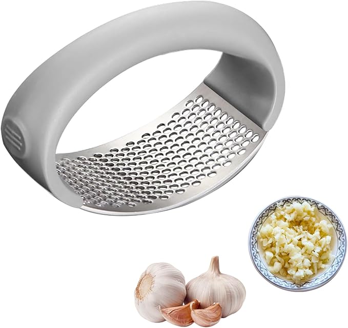 Garlic Press Rocker 2026 New,Portable Manual Stainless Steel Garlic Press Rocker Crusher Masher with Garlic Peeling Drum for Home Kitchen Utensils Garlic Crusher