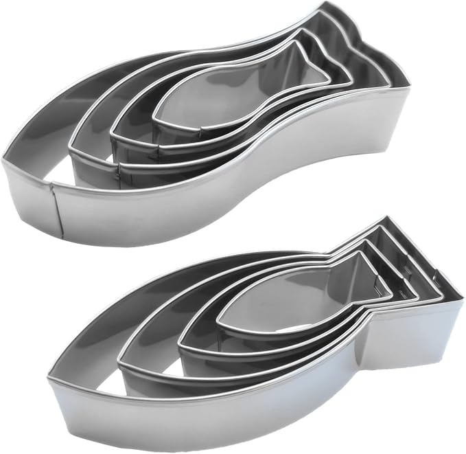 Fish Shaped Cookie Cutter Set of 8 pcs, Stainless Steel Jesus Fish Fondant Cutters (4 pcs Flat Tail + 4 pcs Fork Tail)