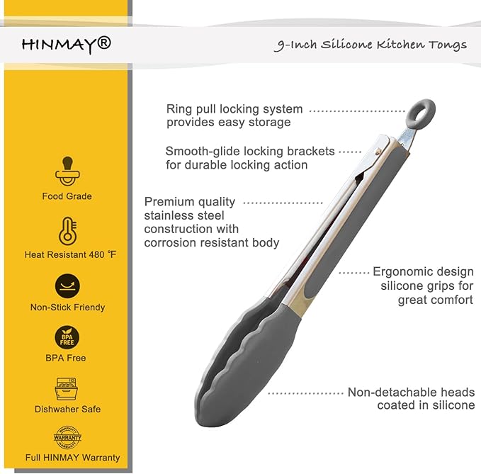 HINMAY Locking Kitchen Tongs with Silicon Tips 9-Inch Stainless Steel Grilling Tongs, Set of 3 (Gray)