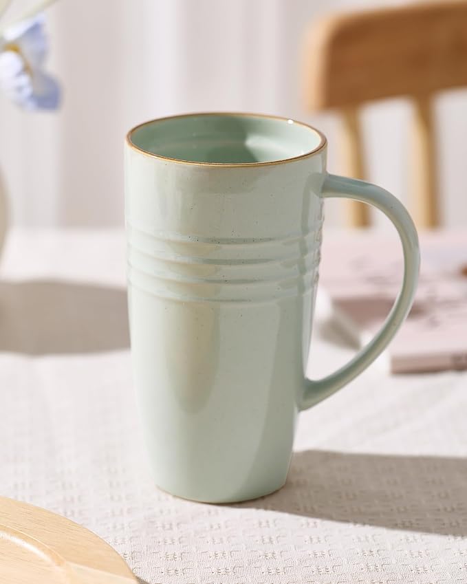 famiware Jupiter Large Coffee Mug, 20oz Coffee Mug with Lid, Ceramic Mugs Set of 2, Cup Set with Handle for Latte, Tea, Cocoa, Milk, Home & Office, Microwave and Dishwasher Safe, Light Green