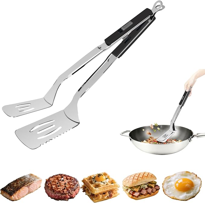13.5-inch Stainless Steel Tongs for Cooking – Versatile Metal Spatula Tongs for Flipping, Picking Up, Cutting, and Stir-Frying Meats and Other Foods. Kitchen Tongs Durable and Multifunctional.(Black)