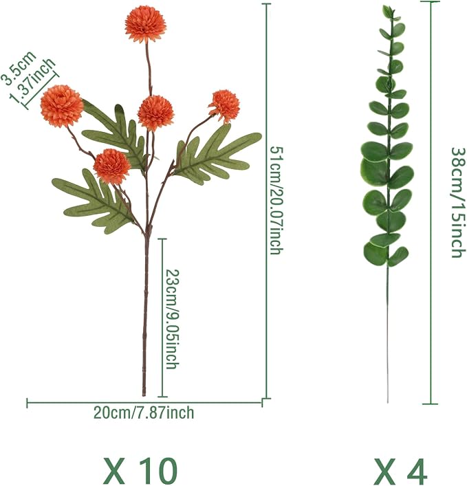 10pcs Faux Orange Kiku Flowers, 5 Heads Each Stem & 4 Branches Eucalyptus Stems, Artificial Small Mini Chrysanthemum Flowers for Aesthetic Room Decor, Floral Arrangements Centerpiece