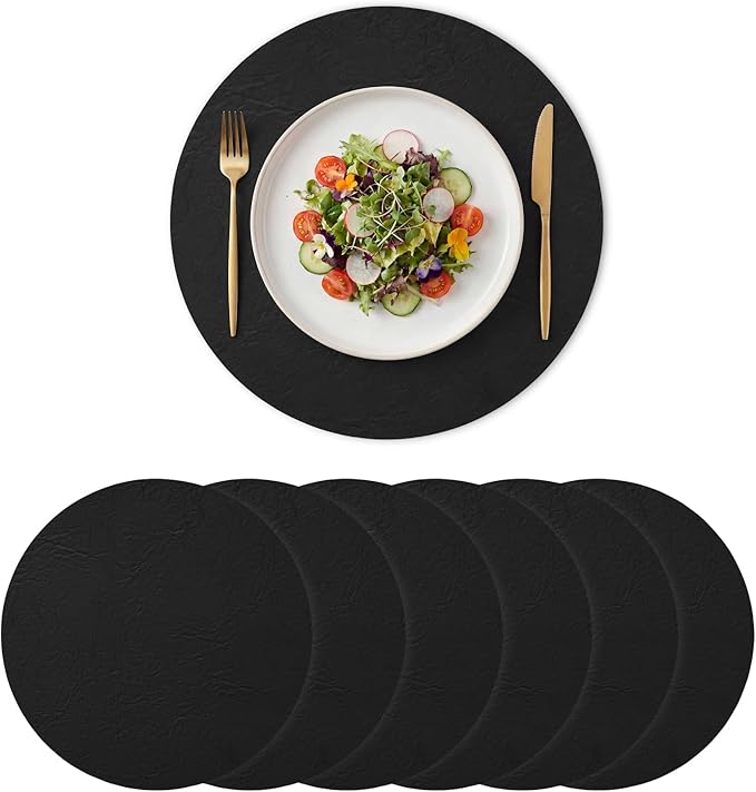 Artoid Mode Black Faux Leather Placemats Set of 6, 15 Inch Waterproof Wipeable Heat Resistant Vinyl Place Mats, Reversible Table Mats for Kitchen Dining Decor