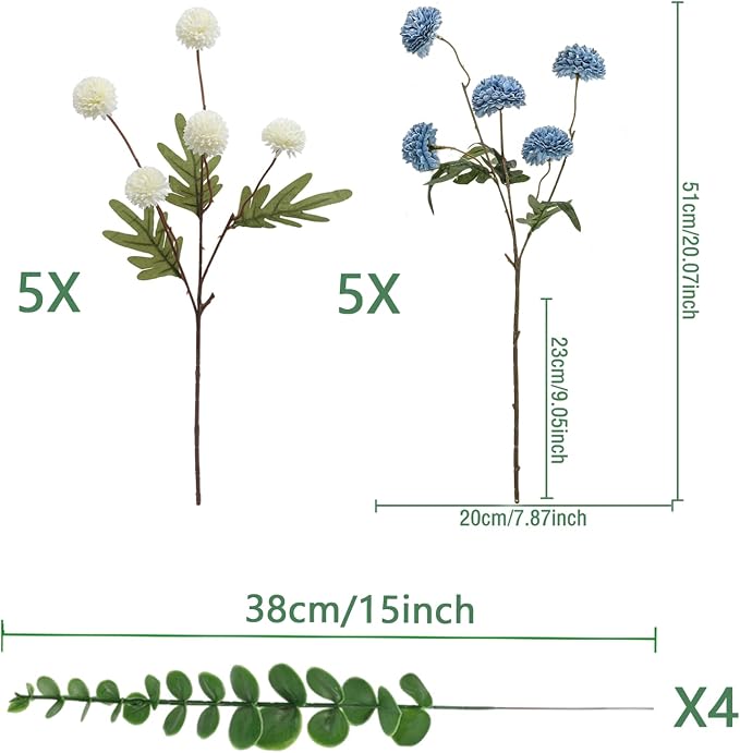 10pcs Faux White & Blue Kiku Flowers, 5 Heads Each Stem & 4 Branches Eucalyptus Stems, Artificial Small Mini Chrysanthemum Flowers for Aesthetic Room Decor, Floral Arrangements Centerpiece