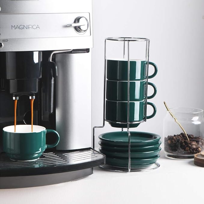 Sweejar Porcelain Cappuccino Cups with Saucers and Metal Stand, 8 Ounce Stackable Espresso Cups for Specialty Coffee Drinks, Latte, Americano, Tea - Set of 4 (Jade)