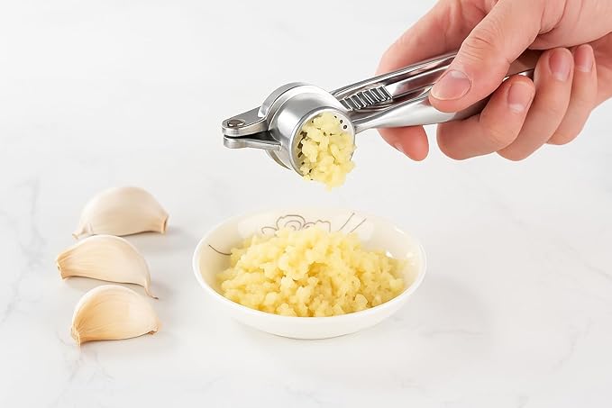 3-in-1 Garlic Press, Lemon Slicer & Peeler Set - Rustproof Stainless Steel, Easy-Clean with Soft, Ergonomic Handle
