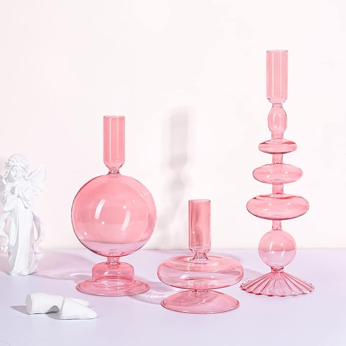Rtteri 3 Pcs Glass Candlestick Holders Glass Candle Holders Groovy Wavy Elegant Taper Candle Stick for Wedding Home Birthday Party Easter St Patricks Day Decoration Windowsill Decor(Pink)