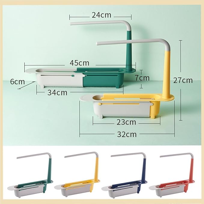 2026 Updated Telescopic Sink Storage Rack Adjustable, Kitchen Organizer Soap Sponge Holder with Dishcloth Hange, Expandable Length Sink Rack Holder for Home Kitchen (Blue)