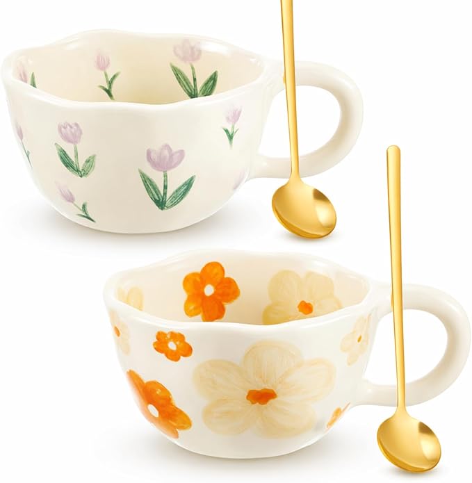 Vesici 2 Pcs Ceramic Coffee Mugs with Spoon, Vintage Floral Spring Mugs with Handle, 8.5 oz Aesthetic Flower Porcelain Tea Cup Set, Dishwasher & Microwave Safe Mothers Day Gifts for Mom(Charming)