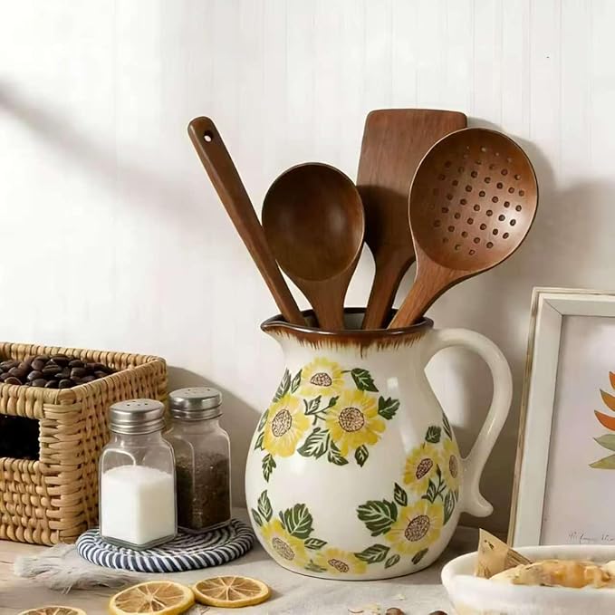 Rustic Ceramic Kitchen Utensil Holder, 6.1" Modern Farmhouse Cooking Utensil Holder for Kitchen Counter, Vintage Ceramic Utensil Organizer for Home Decor Floral Spoon Spatula Gift(Sunflower)