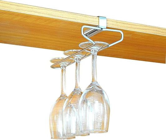 V3VOGUE Double Row Under Cabinet Wine Glass Holder, Hanging Wire Stemware Rack Holder, Wine Glasses Storage Hanger, for Bar Kitchen Storage Organizer Metal (Black White)
