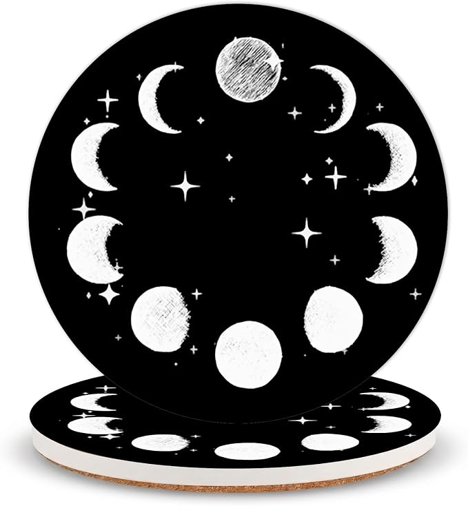 Moon Ceramic Coasters of 2 with Cork Backing Absorbent Cup Coaster | Non-Slip Coasters for Drinks and Coffee Table Office Desk Home Decor, Gifts for Moon Lovers, Mom, Stargazers
